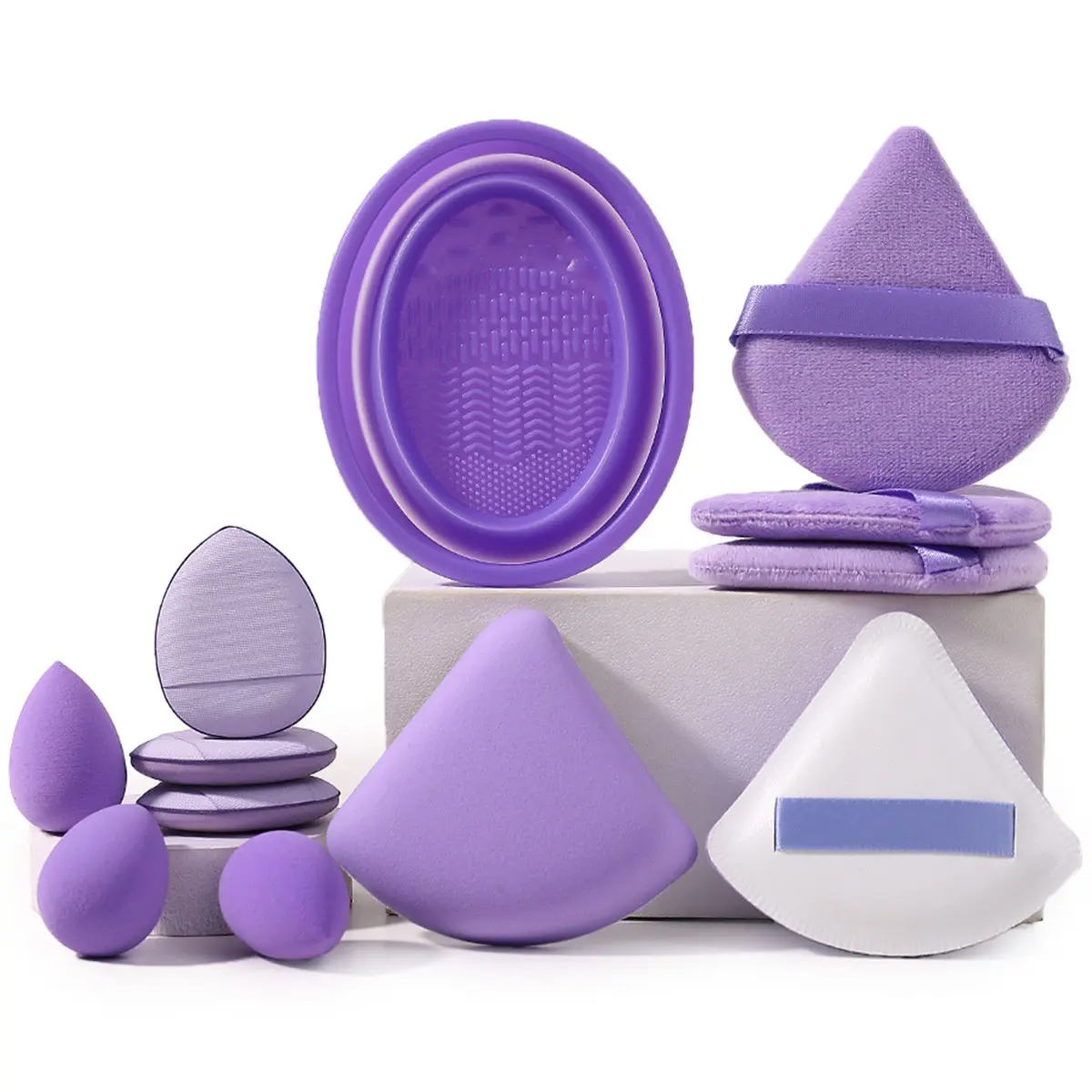 14-Piece Lavender Makeup Tool Set, Silicone Brush Bowl, Multi-Size Sponge, Mini Finger Puff, Triangle Puff, Latex-Free, Dry/wet Use