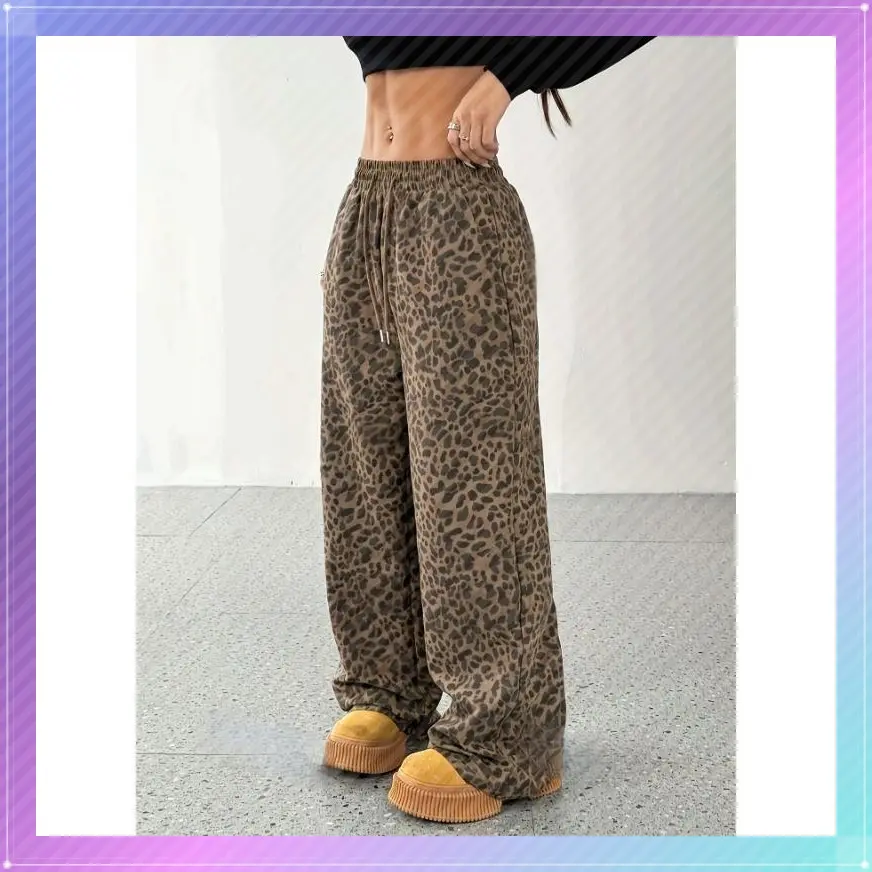 Women's Leopard Baggy Wide Leg Sweatpants Drawstring High Waisted Cheetah Print Lounge Barrel Trousers with Pockets Bottoms WomenswearGift