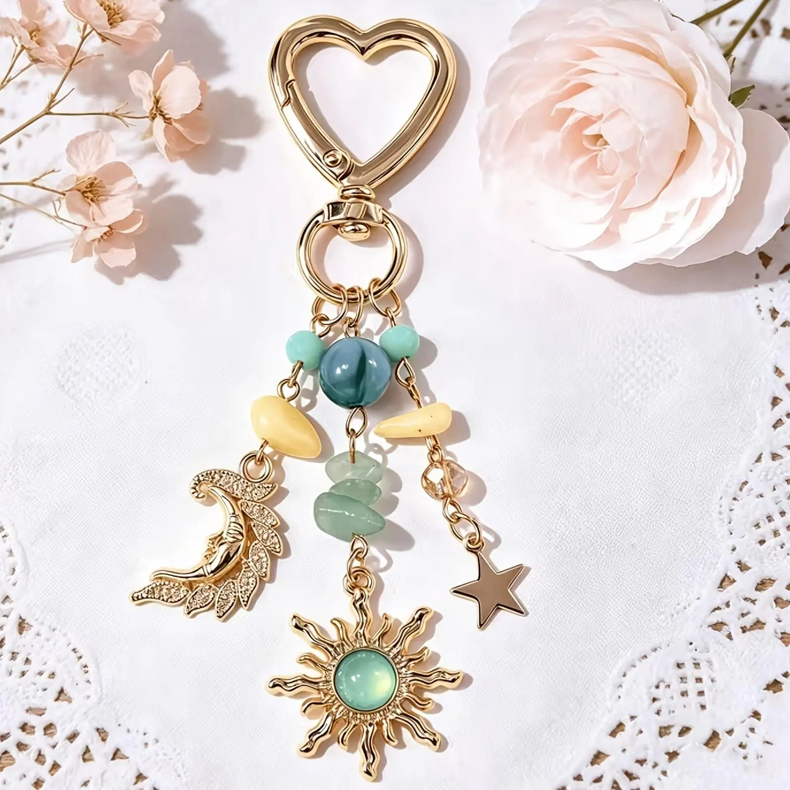 Boho Sun & Moon Keychain, Viral Aesthetic Celestial Bag Charm with Crystal Stone Pendant, Y2K Moon Star Key Ring, Lucky Charm Purse Accessory, Cute Gift for Women, Backpack, Car Keys, Everyday Carry
