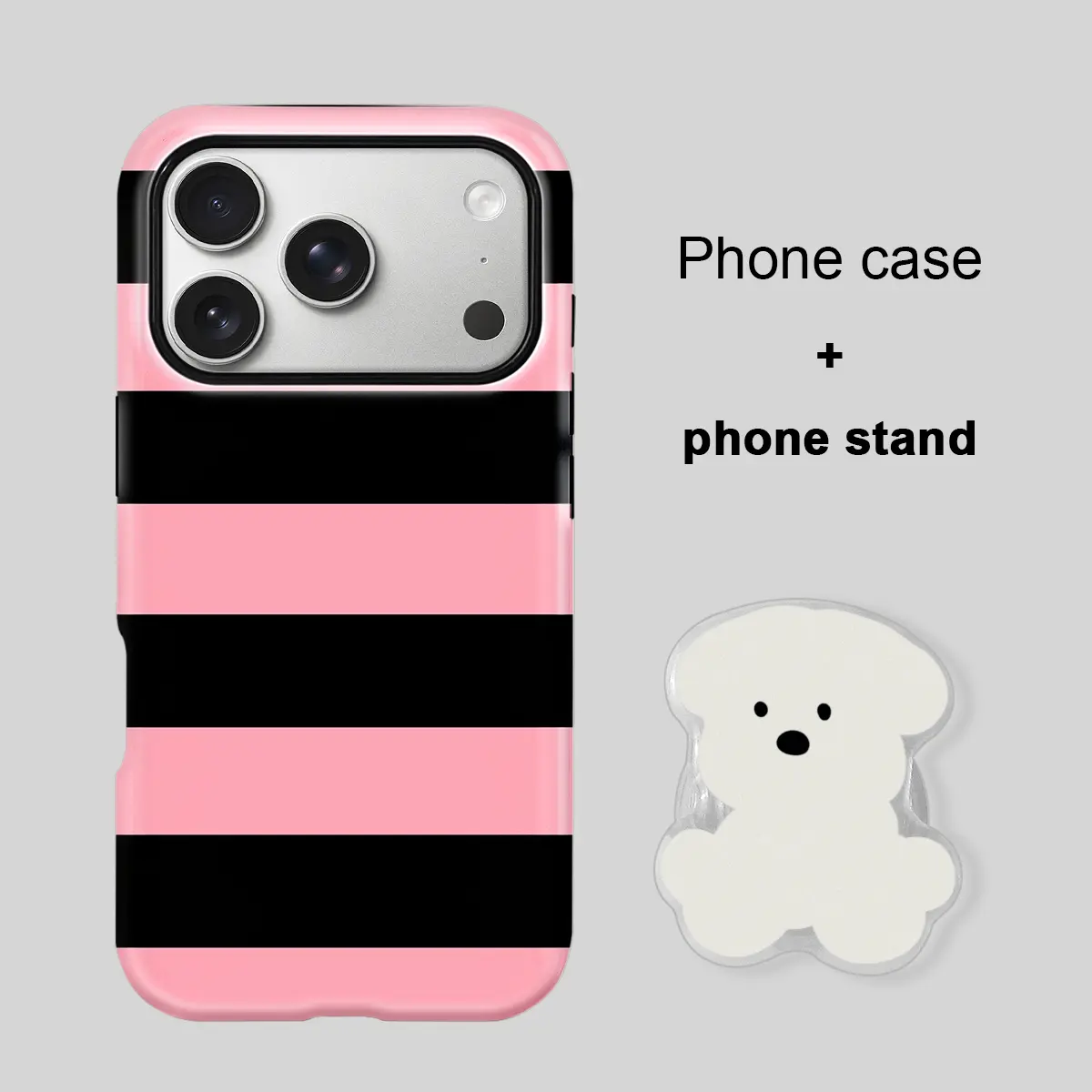 Pink Black Striped iPhone Case with Cute White Dog PopSocket Grip, Raised Lens Shockproof Cover, Trendy Daily Accessory & Birthday Gift for Girls, Compatible with iPhone 17 Pro Max/17 Pro/16 Pro Max/15 Plus/14/13/12/11