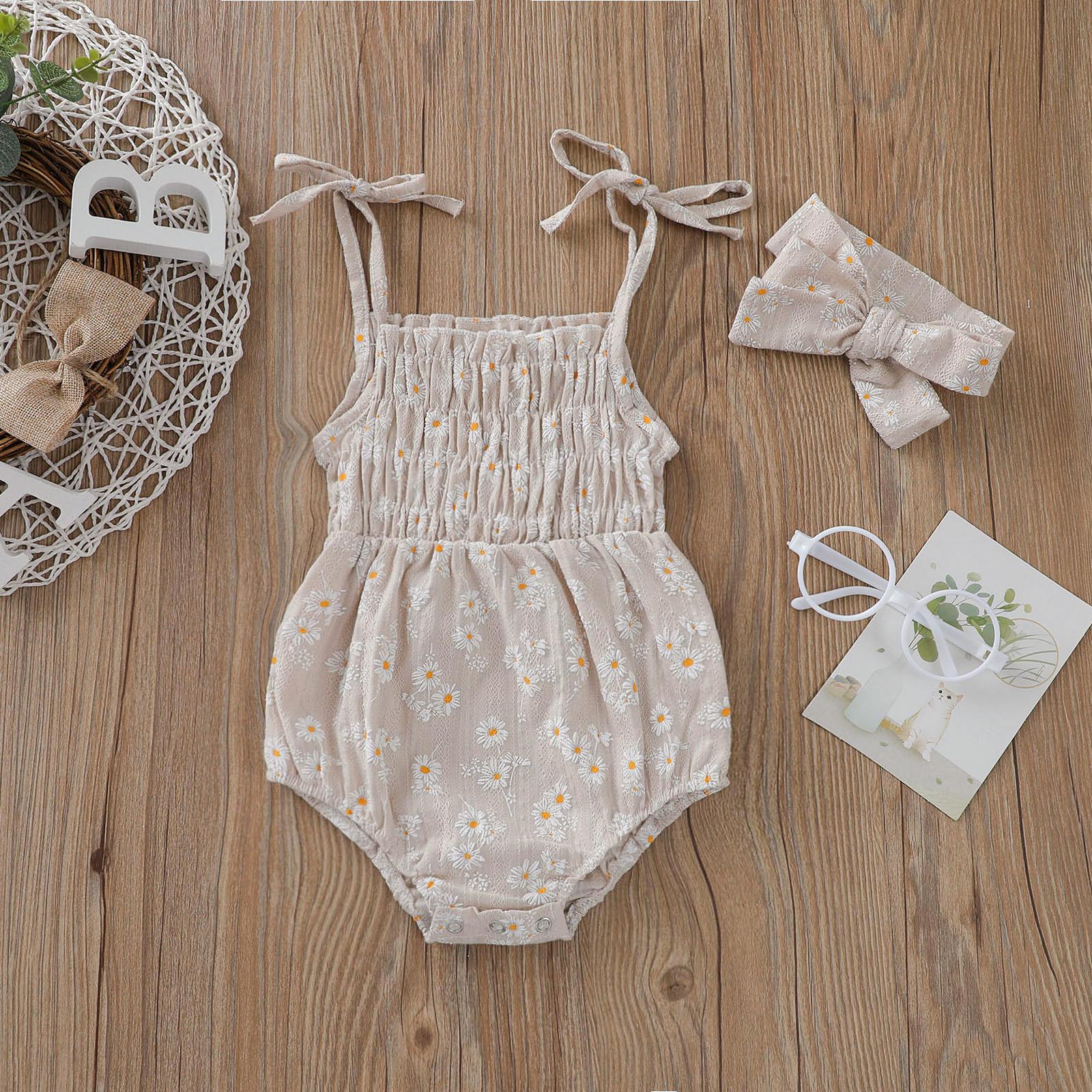 Newborn Baby Girl Bodysuit Sleeveless Daisy Pattern Halter Frill Romper  Jumpsuit with Headband Summer Clothes Set
