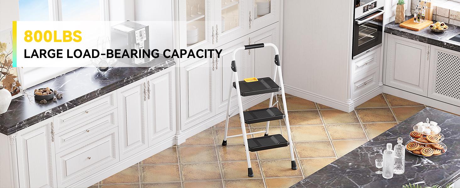 3 Step Folding Ladder, 800lbs Capacity Step Stool with Safety Lock, Non-Skid Wide Pedals, and Handrail, Lightweight, Household Ladder for Home, Kitchen, Pantry, Closets, and Office Use, White
