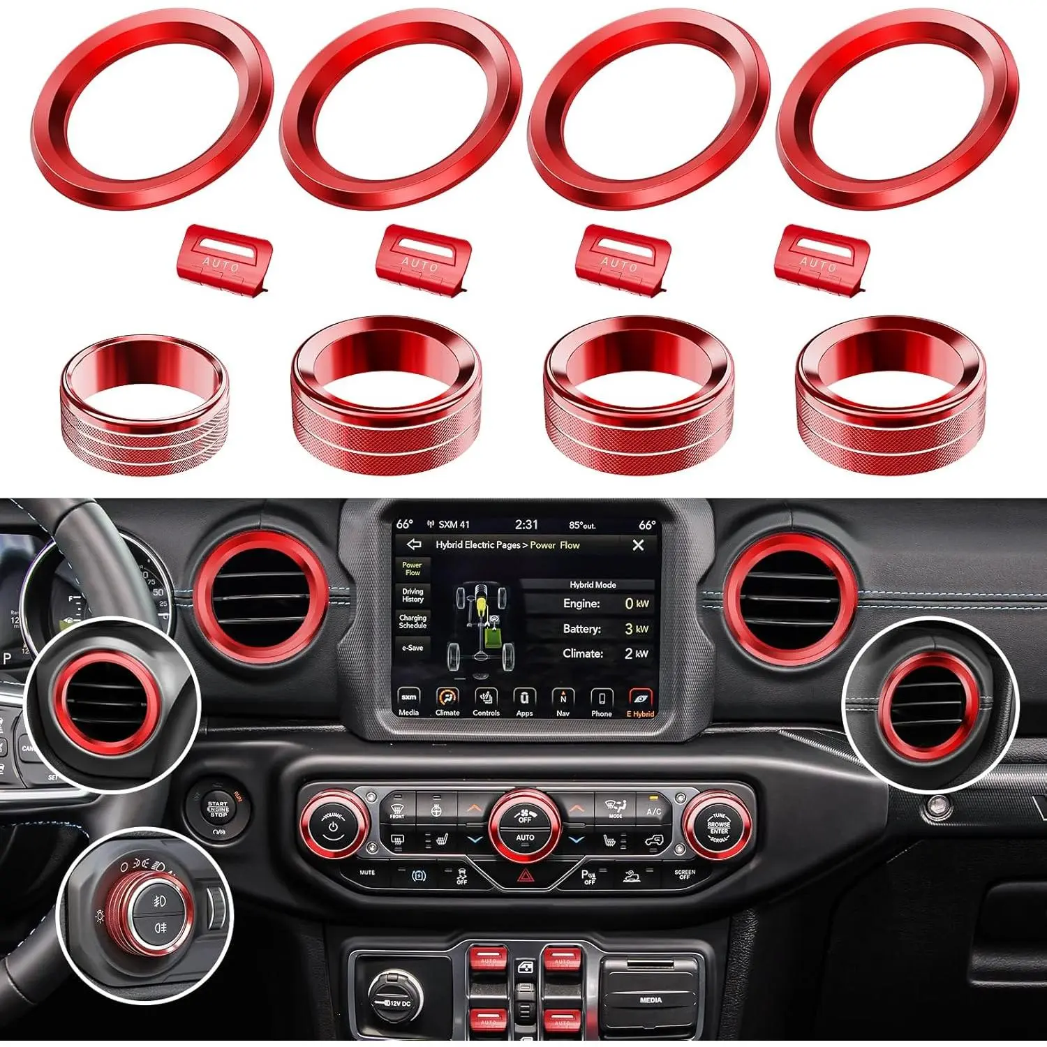 12PCS Metal Button Knob Cover for Jeep Wrangler JL JLU 2018-2023 & Gladiator JT Accessories Window Switch Button Cover Volume Radio Headlight Switch Knob Cover Dashboard Air Vent Cover (Red)