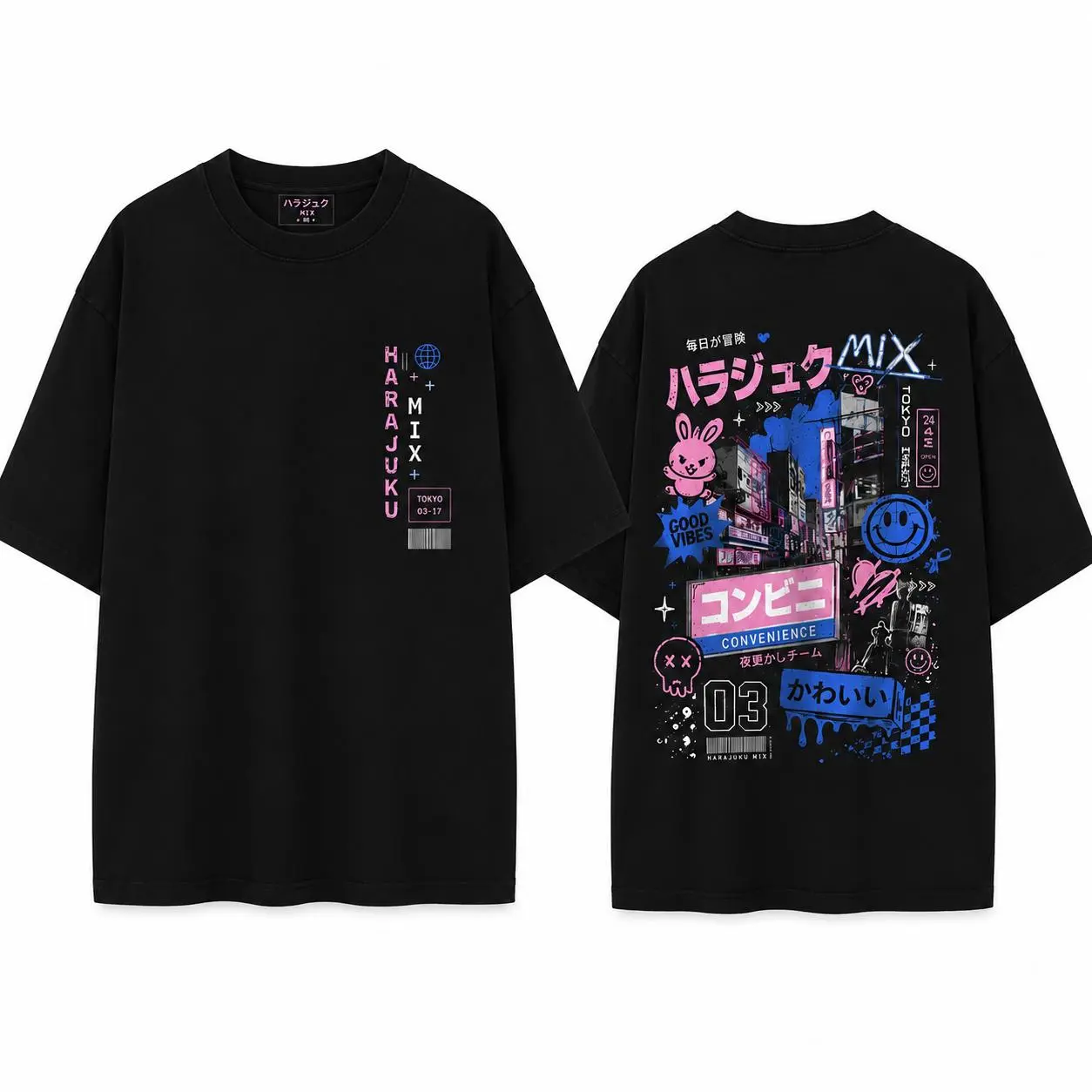 This unisex Harajuku-style Tokyo street-style double-sided printed T-shirt features a design inspired by the neon graffiti of Japanese cities, showcasing a cute punk aesthetic. casual top streetwear