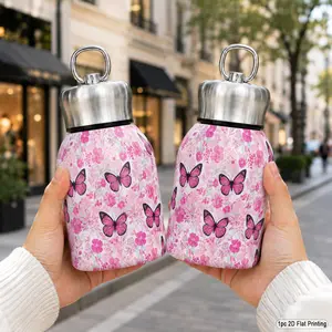 10oz/300ml 316 Stainless Steel Mini Portable Insulated Flask, with pink butterfly flower pattern, double wall heat insulated leak-proof with handle, for outdoor hiking, camping, perfect as back to school gift