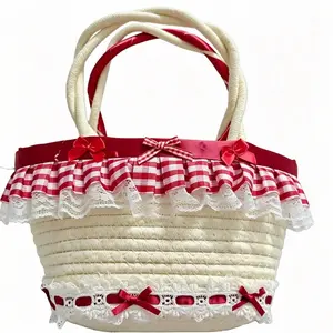 Handwoven Storage Basket, Lolita Bag Handbag, Bowknot Lace Country Weaving Picnic Basket, Manual Woven Organizer, Rural Style Basket