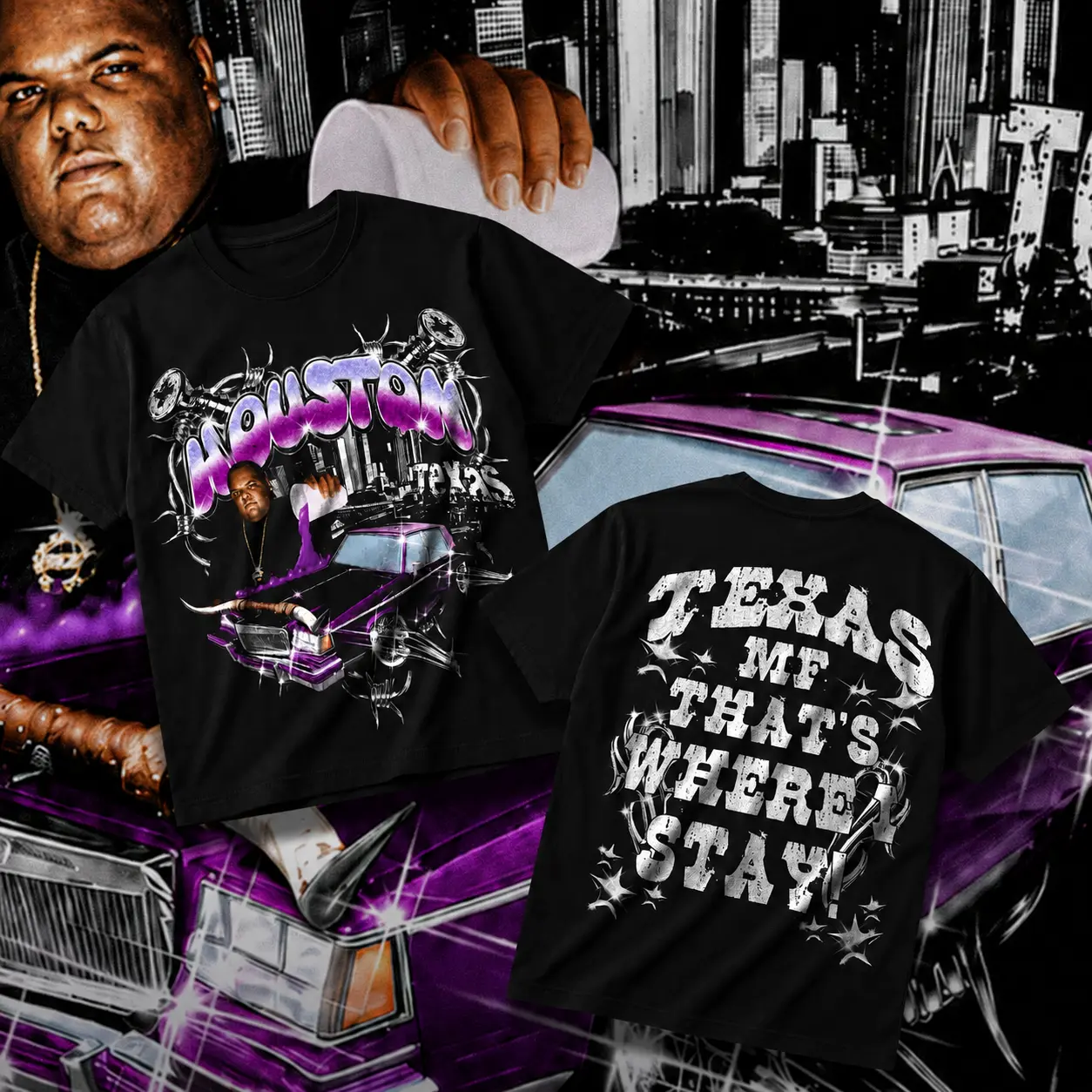Men's DJ Screw Graphic Print Rap T-Shirt, Cotton Streetwear with Double Sided Houston 713 Screwed Up Click Design, Machine Wash, Medium Length