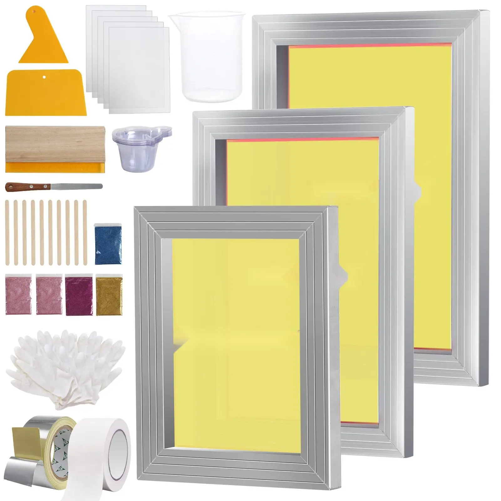 Screen Printing Kit With Aluminum Silk Screen Frames, Three-Piece Set, Includes Five Glitter Effects, Squeegees, And Transparency Films, 110-Count Mesh In 6x10, 8x12, 10x14 Inch Sizes, For DIY T-Shirt Printing