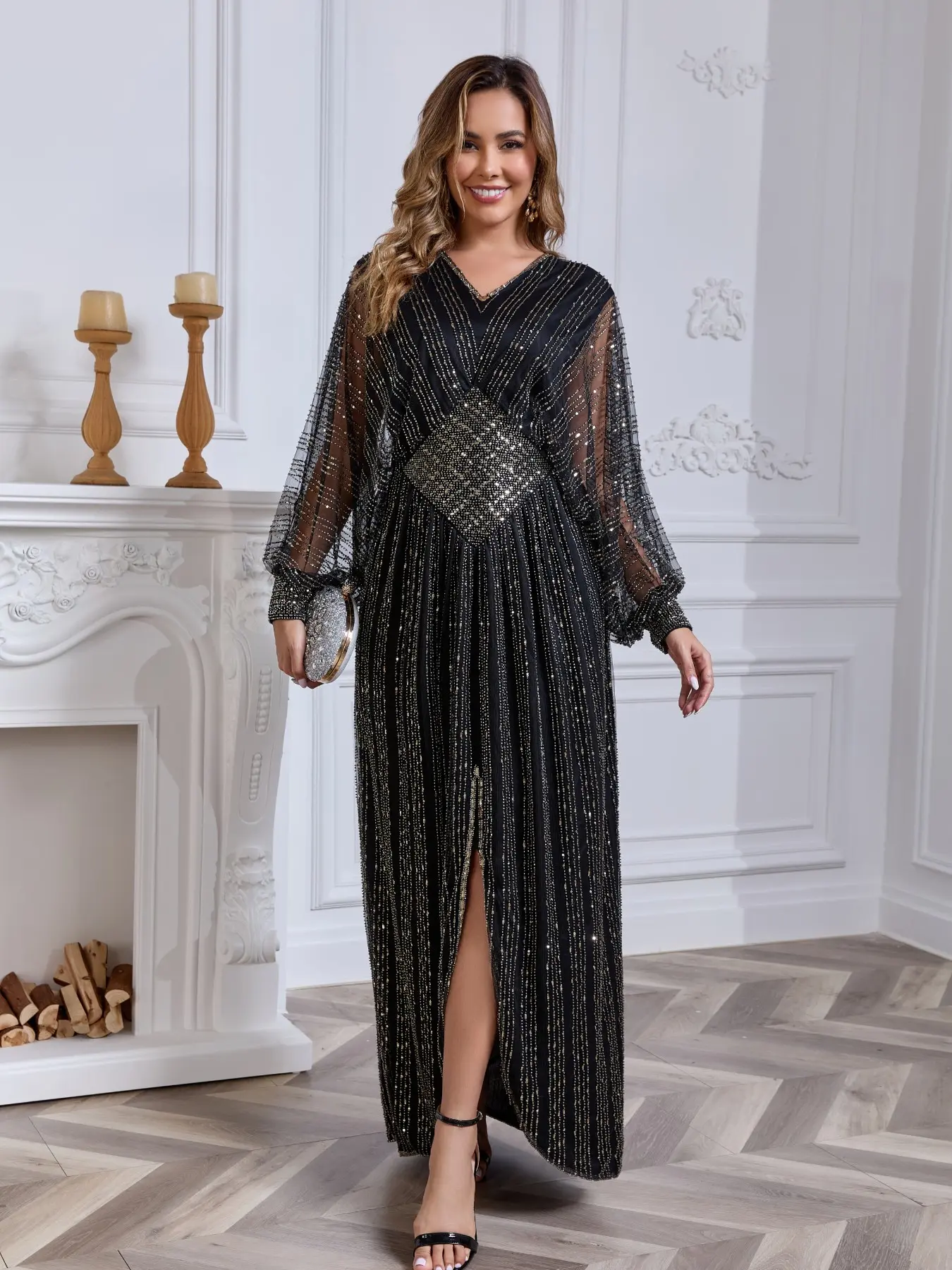 Women Formal Evening Maxi Dress, Black Gold Rhinestone Beaded Mesh Lantern Sleeve V‑Neck Tie Back High Slit Party Gown for Wedding Banquet 88159
