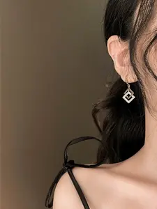 Elegant Zirconia Ear Hooks, Dual-Layer Hollow Square Design, Professional Chic Style, Perfect for Office, Business, and Events