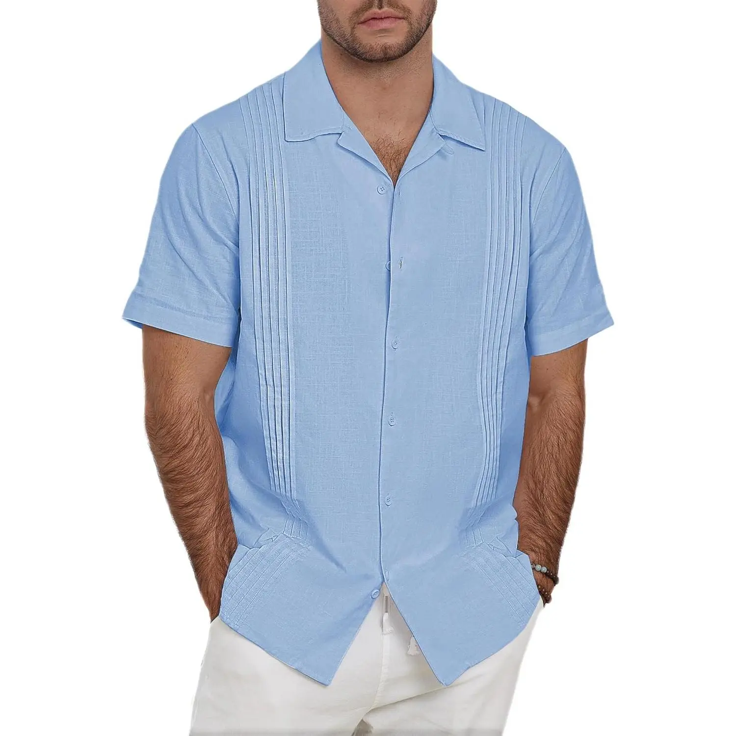 Men's Linen Guayabera Shirts - Natural, Fashion, Pleated, Breathable Short-Sleeve Button-Down Tops for Summer Cuban Vacation, Casual Beach Wear, Shortsleeve