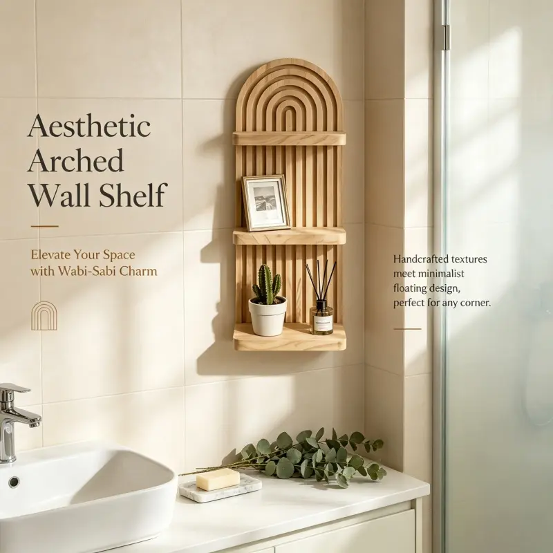 wabi sabi arched slatted wood floating wall shelf waterproof natural wooden bathroom display rack minimalist space saving design 3 tier wall storage for vanity shower corner decor