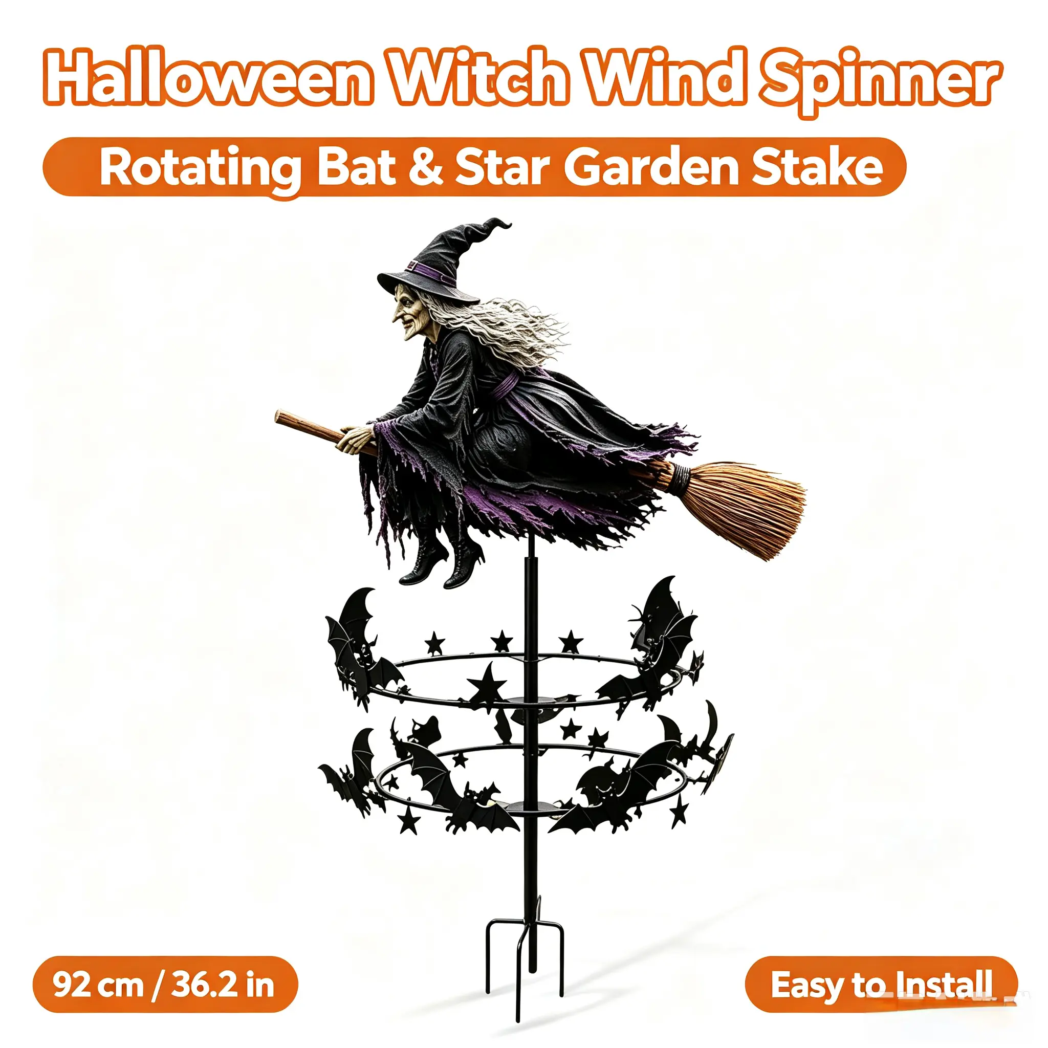 36.2" Halloween Witch Wind Spinner Garden Stake, Outdoor Spooky Decor for Homeowners, Front Porch, Lawn & Fall Halloween Display,halloween decor 2026 luces para jardin