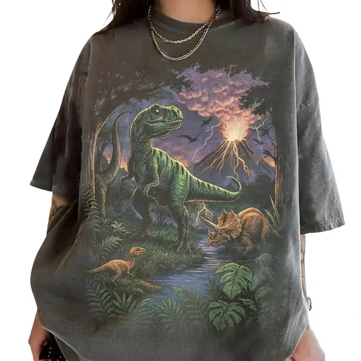 Oversized Fashion Comfort Graphic Outfit, Cute T-Rex Dinosaur Volcano Jungle Nature Cotton T Shirt, Vintage Prehistoric Animal Graphic Tee, Ideal Valentine Gift, Best Holiday Present For Him Her Friends Family