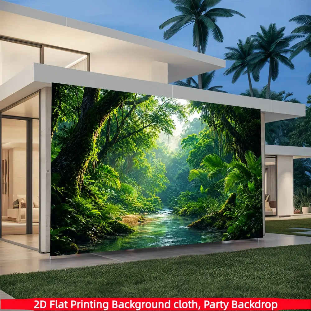 1PC 2D flat tropical rainforest stream green plant banner Sunshine primitive jungle river green plant natural scenery pattern polyester fiber suitable for forest portrait photography, garden decoration, theme parties, indoor wall decoration