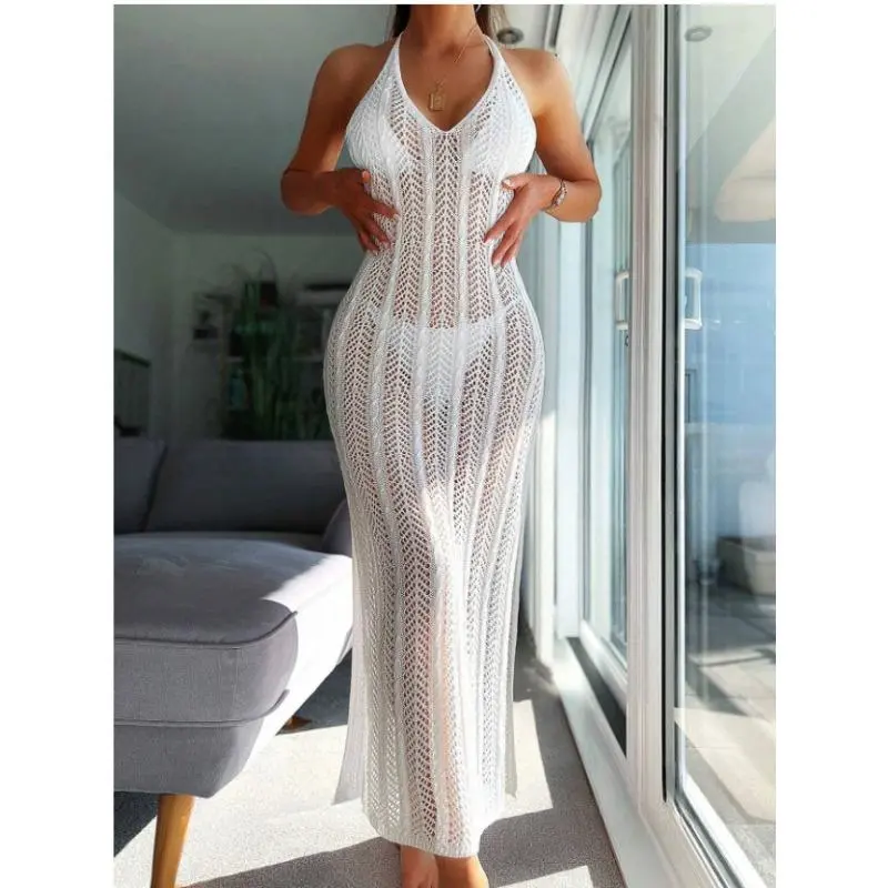 Women's 100% Acrylic High-Stretch Solid Color Deep V-Cut Lace-Up Backless Maxi Dress, Travel Beach Cover Ups, Machine Washable Swimsuit Cover Up