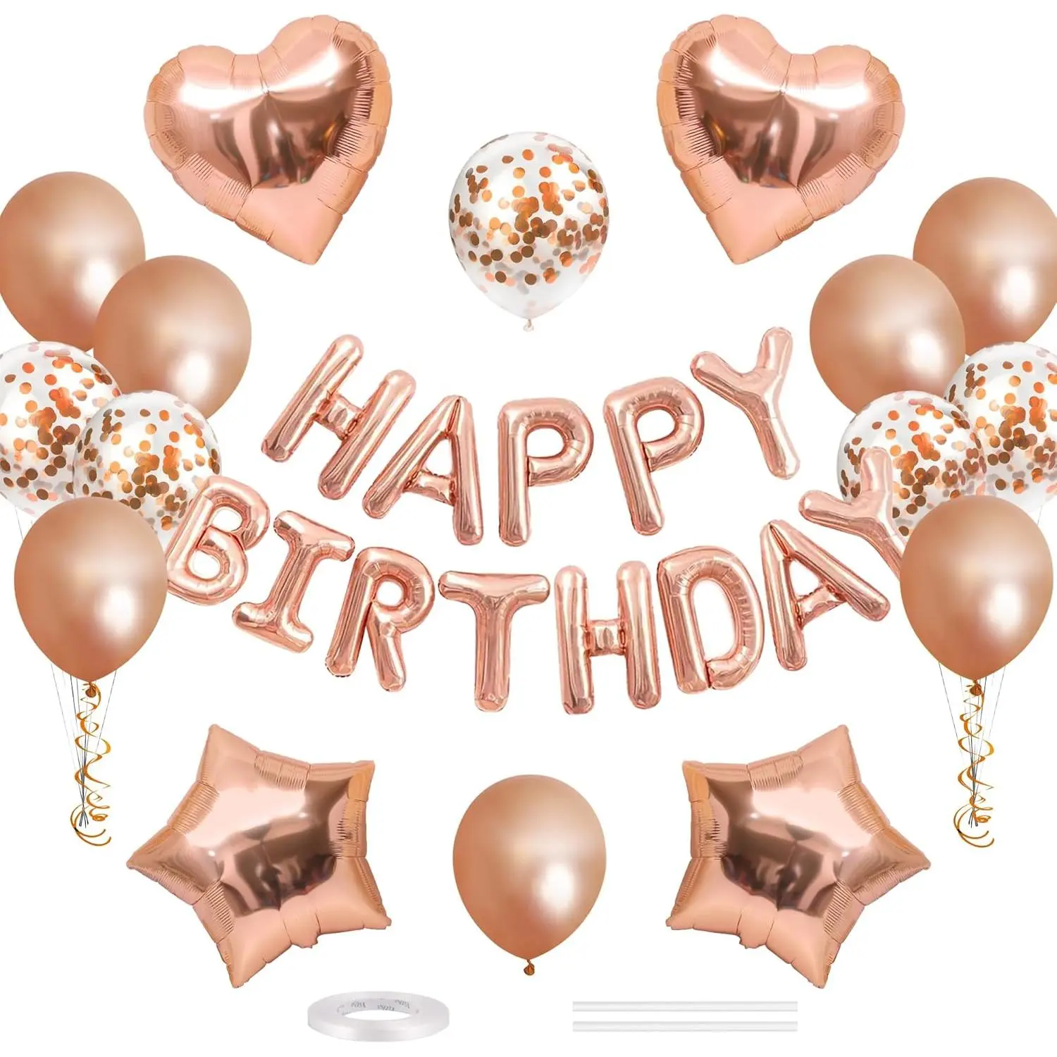 Happy Birthday Balloons Banner 16 Inch Mylar Foil Letters with Star & Heart Balloons Birthday Party Decorations for Men and Women - 30 Pcs Rose Gold