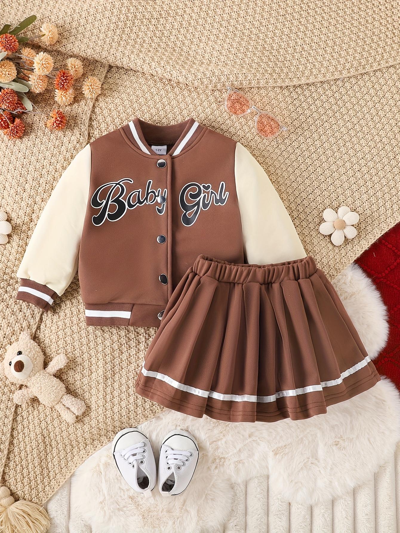 Kids Clothing Girls 2-Piece Preppy Look Set, Cotton Blend Baseball Jacket with Printed Letters + Pleated Skirt, Outdoor & Party Wear Gift