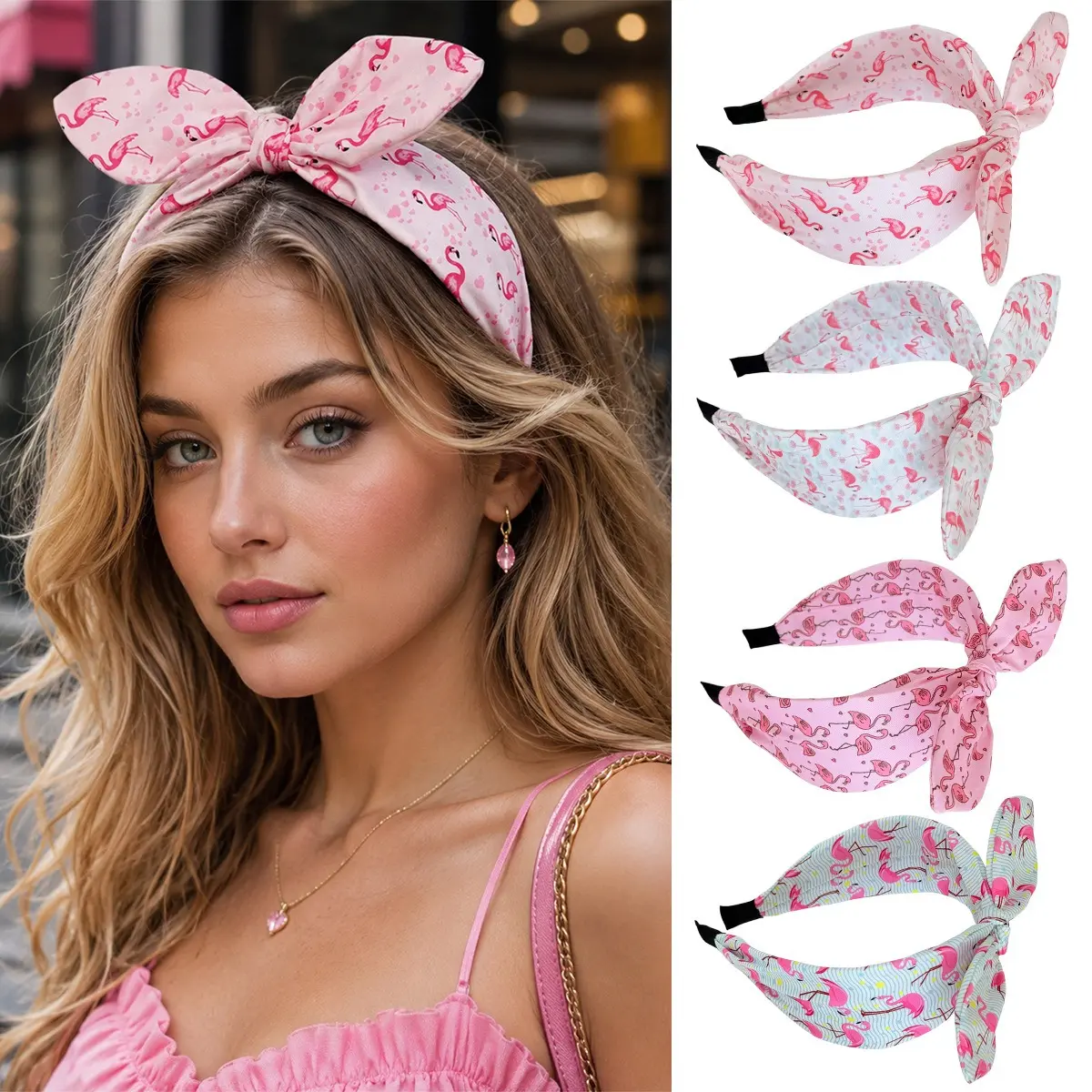 Funky Fashion Flamingo Print Headband - Bunny Ear Knot, Soft Stretch Elastic Wide Headbands for Women, Non-Slip Fit for Everyday Wear & Face Washing, Women & Girls, Fabric, Animals, Casual, Daily, 4 Pack, Female, Whimsy, Wide Edge, Wide Elastic
