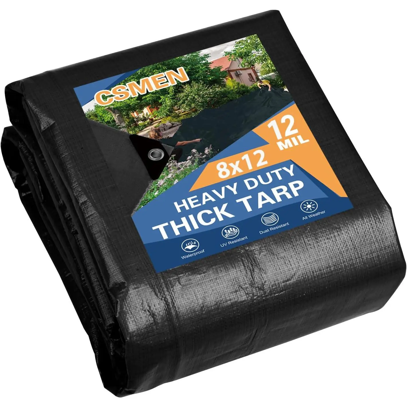 Heay Duty Waterproof 8x12ft Black Tarp Cover Plastic Poly Tarpaulin for Outdoor Emergency Rain Roof Pool Boat Camping Multipurpose 12Mil Thickness