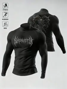 Dark Skull Totem Sports Compression Long Sleeve High Neck Shirt, Quick Dry Stretch Fitness Training Top, Running Cycling, Compression Sportswear