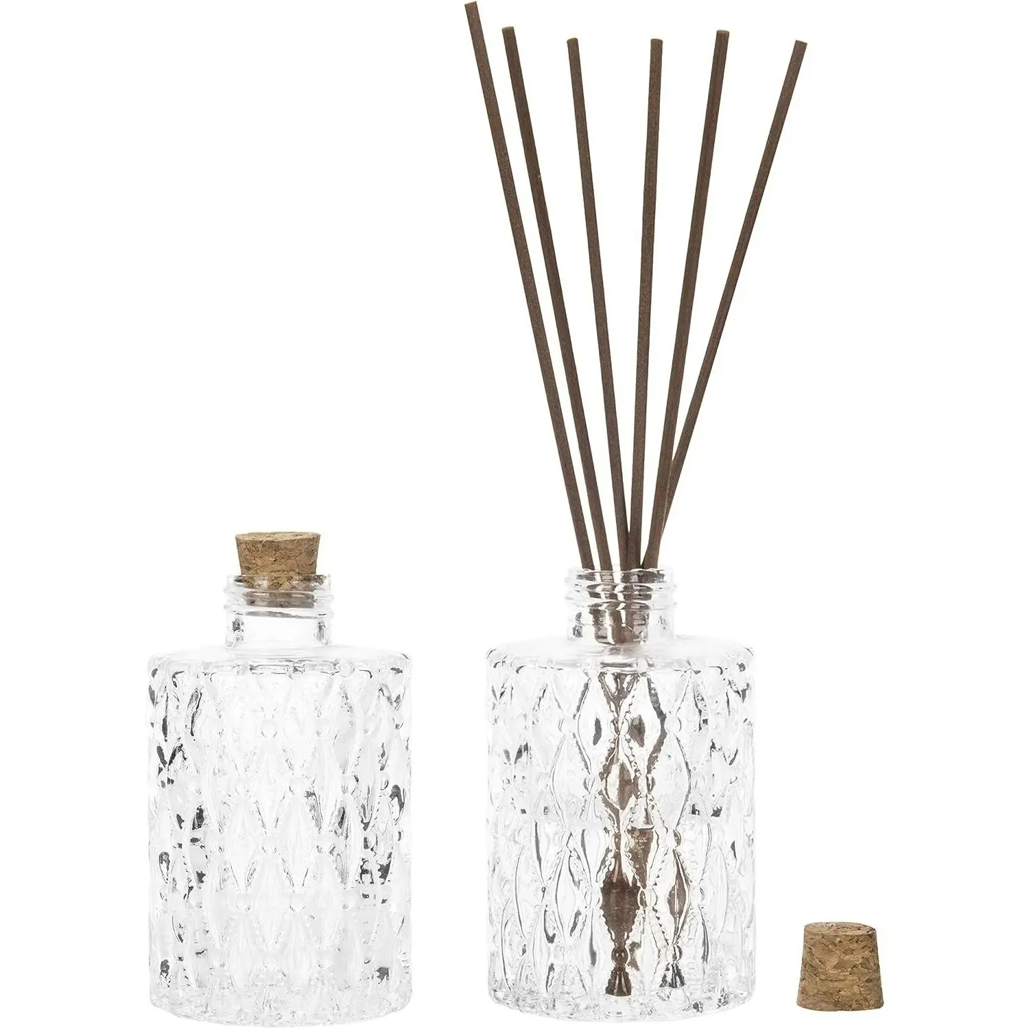 Clear Glass Reed Diffuser Bottles Vintage Apothecary Vases Set of 2, Embossed Glass Detail, Cork Lid Design, Fragrance Display, Floral Accent, Vintage Style, Elegant Home DécorGift