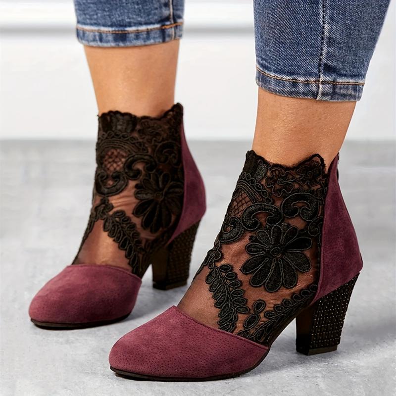 Elegant Black Lace Ankle Boots with Floral Patterns - Comfortable Chunky Heel, Back Zip Closure, Round Toe Design, Breathable Fabric Upper & TPR Sole for Stylish Women Girl Footwear Walking Shoes Decor