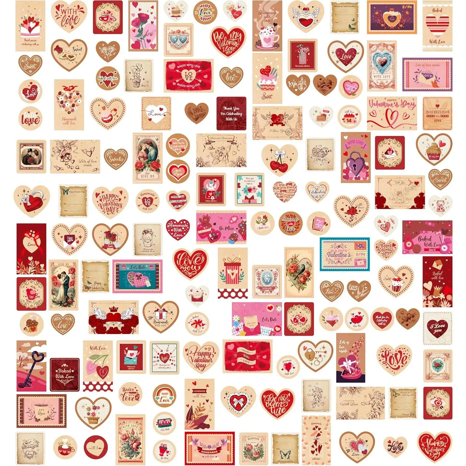 High-Quality Permanent Glue Valentine Heart Stickers - 420 Count, 15 Sheets Self-Adhesive Love Decoration Labels, Modern Design for Couple Gifts, Scrapbooking (With Rings, Love Letter, Brown Paper Uses), Embellishment
