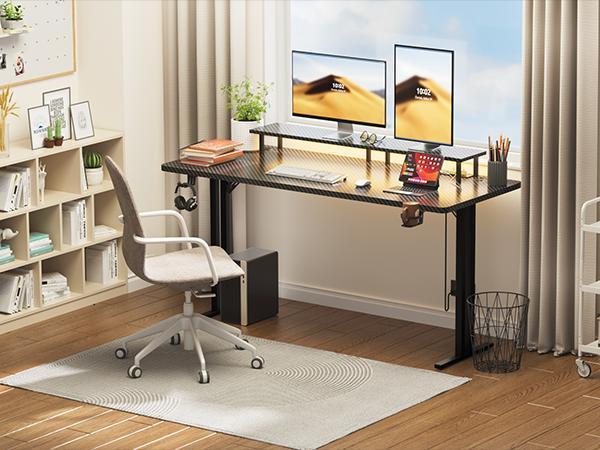 Ecofurnix,LED light game table & power socket, computer gaming desks & monitor stand, ergonomic carbon fiber game table, home office desk with cup holder, headphone hook and mouse pad, simple assembly