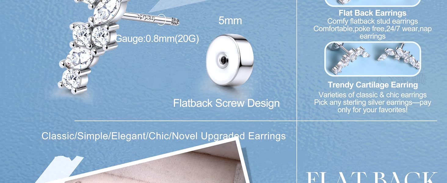 CASSIECA 1Pairs Cartilage Earrings for Women Flat Back 925 Sterling Silver Post Stud Flatback Earrings for Sensitive Ears-20G Ear Crawler Climber Cartilage Earring Tragus Conch Helix Piercing Jewelry