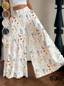 European Style Floral Print Wide Leg Pants, High Waist Elastic Waist Flowy Casual Long Pants, Suitable for Vacation and Commute