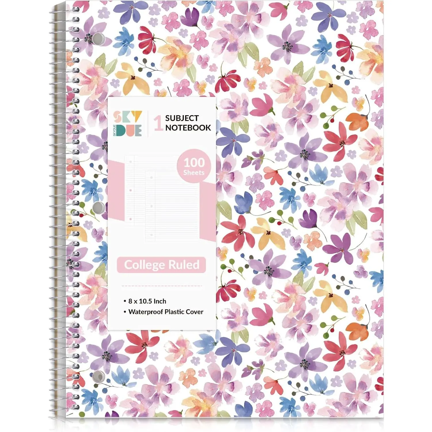 8"x10.5" Spiral Notebook - College Ruled 100 Sheets, 1 Subject Notebook for School & Office, 3-Hole Punched Paper, Floral Design