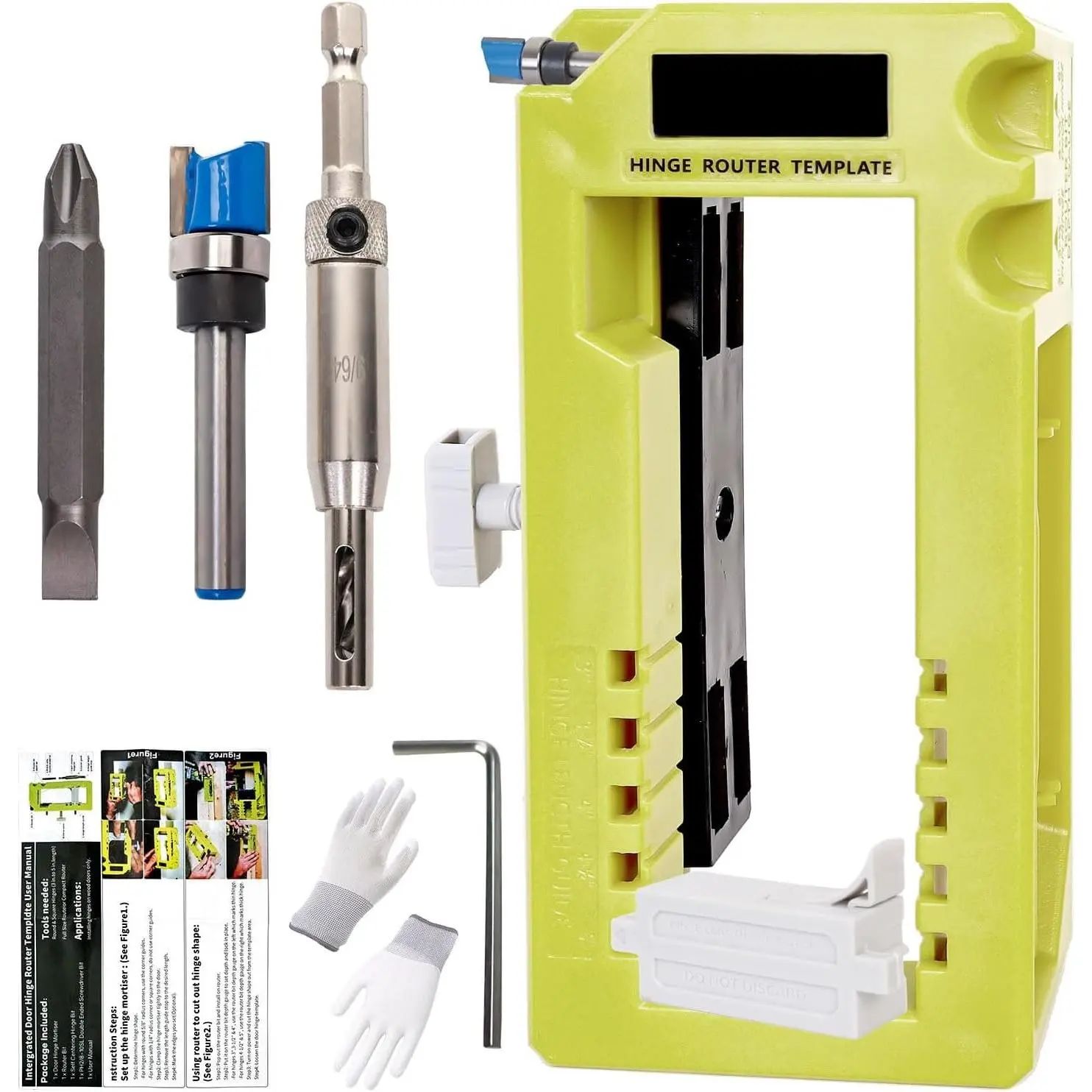(Green) Door Hinge Router Template, Door Clamps, Door Mortise, Door Mounting Kit Fits 90  Angles, and Door Hinges with Hinge Type Square, 1/4" or 5/8" Thickness, 3" to 5" Length