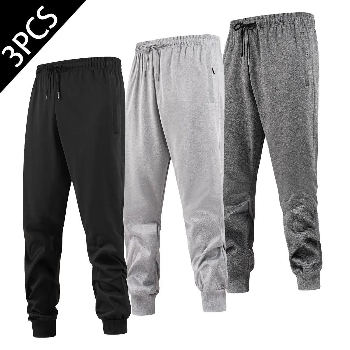 Male Men's 3-Pack Full-Length Fleece Fabric Jogger Sweatpants, Casual Wear with Drawstring Waist, Breathable Active Athletic Bottoms, Sizes S-2XL