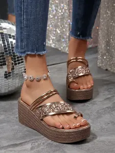 Rose Gold Rhinestone Slip-On Wedge Sandals for Women, Summer New Metal Thin Strap Heeled Braided Thick Sole Shoes, European Style Party Casual Versatile Elegant Classy Sandals
