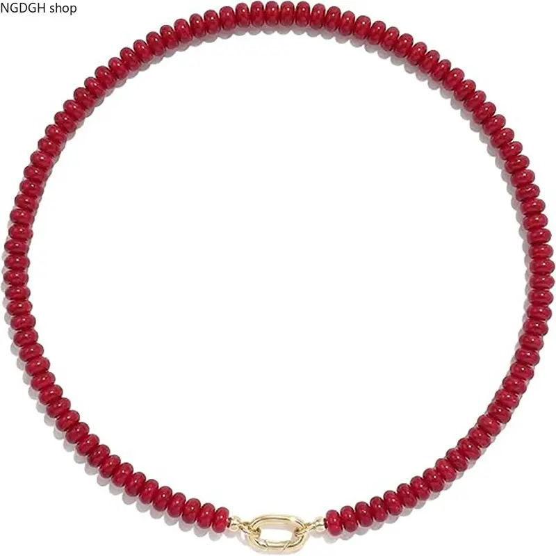 Polished Flat Bead Stone Choker - Short Length Multi-Tone Natural Glossy Beads Necklace, Solid Gold Oval Connector Clasp, 4 Color Choices, Holiday Trip Casual Stack Sports & Outdoor Accessory