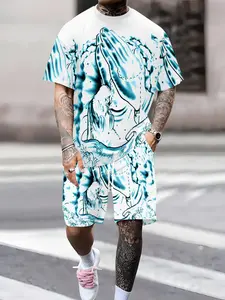 Men's Religious Style Suit, Jesus Prayer Hand Short Sleeve Top Shorts, Trendy Personalized Two-Piece Set, Casual All-Season Wear