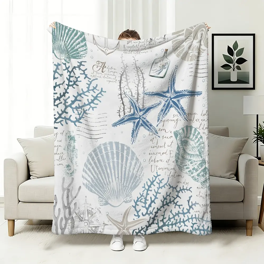 Starfish and Shell Blanket Coral Nautical Coast Ocean Coral Beach Blue Cyan Vintage Ocean Mural Suitable for Sofa Sofa Bed Comfortable Plush and Lightweight-280GSM, Ocean Print, One-Piece