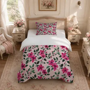 Watercolor Floral Print Quilt Set, 2/3 Pieces (1 Quilt + 1/2 Pillowcases, No Pillow Inserts). U-shaped Quilted, Lightweight and Cozy for All Seasons. Ideal for Girls Bedrooms, A Thoughtful Gift for Friends