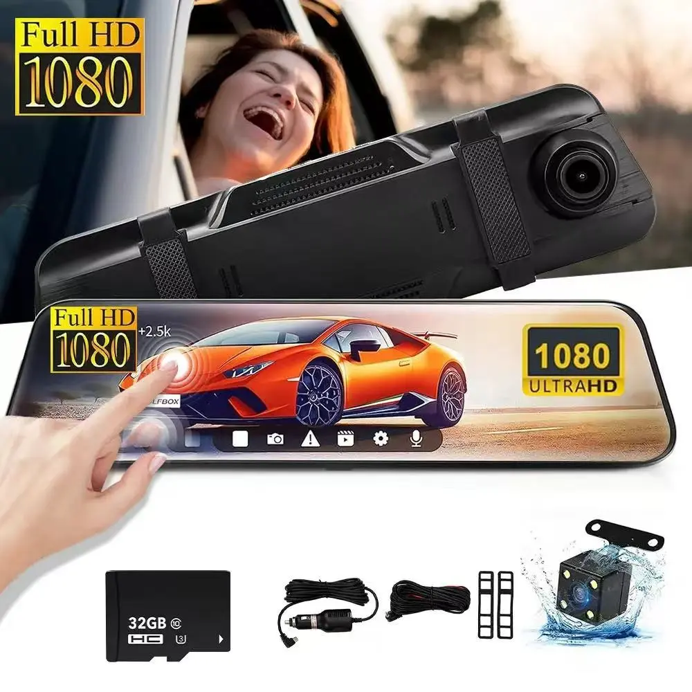 Rearview Mirror Dash Cam 10 Inch, Full HD Front Rear Cameras, Touchscreen, Night Vision, 170° Wide Angle, Abs Enclosure Material, Automotive Dual Dashcam