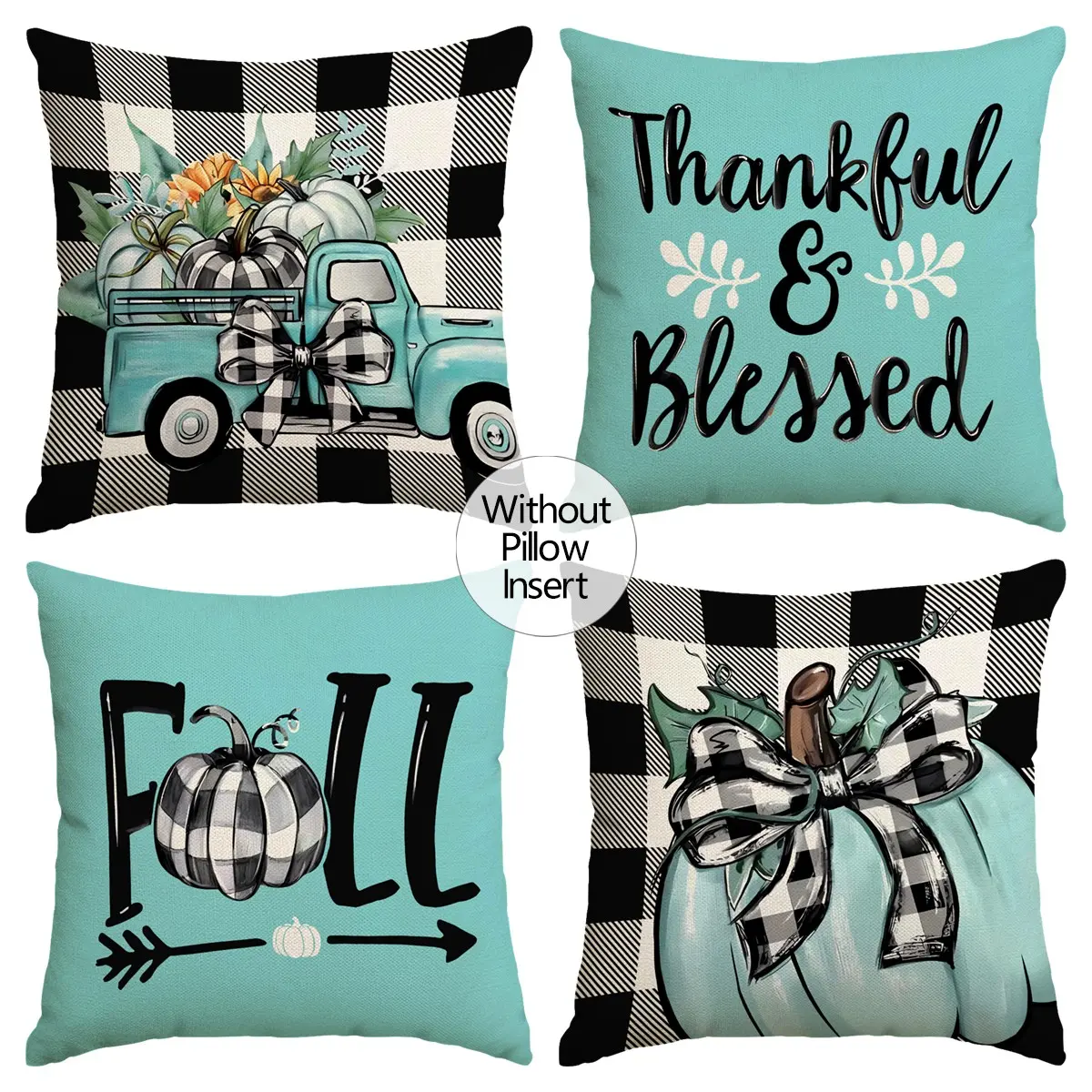 4pcs Autumn Thanksgiving Decoration Pillow Cover 18x18 inches, Seasonal Themes, Rustic, Pumpkin Gratitude Blessing Buffalo Grid Printed Autumn Decoration Couch Cushion Cover, Bedroom, Living Room, Car Decoration Cushion Pillow Cover (No Pillow Core)