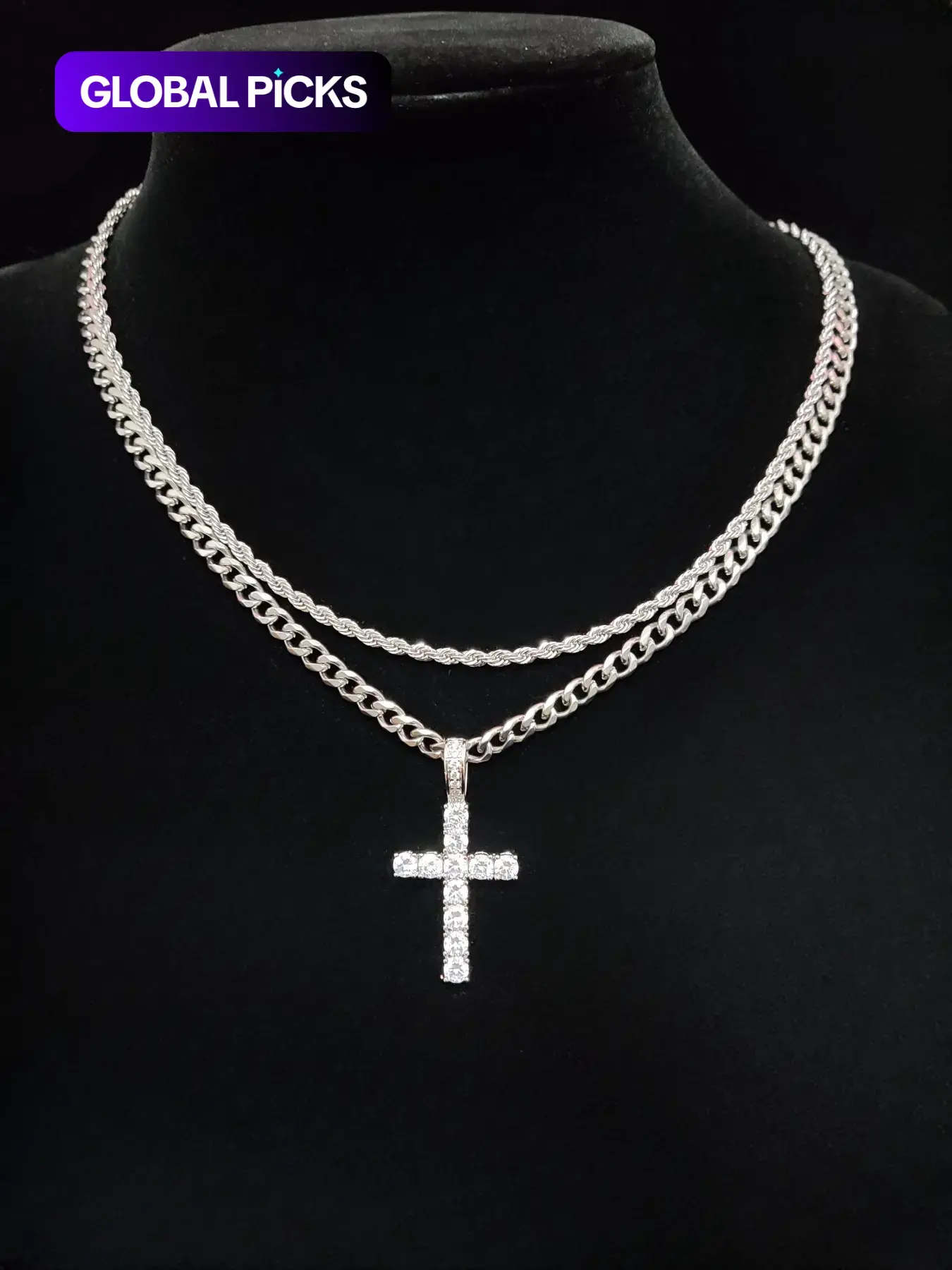 Hip Hop Twist Chain Necklace & Rhinestone Cross Pendant Neck