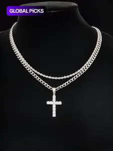 Hip Hop Twist Chain Necklace & Rhinestone Cross Pendant Necklace, Cross Necklaces for Daily Wear, Stainless Steel Jewelry for Men & Women, Classic Jewelry for Gift