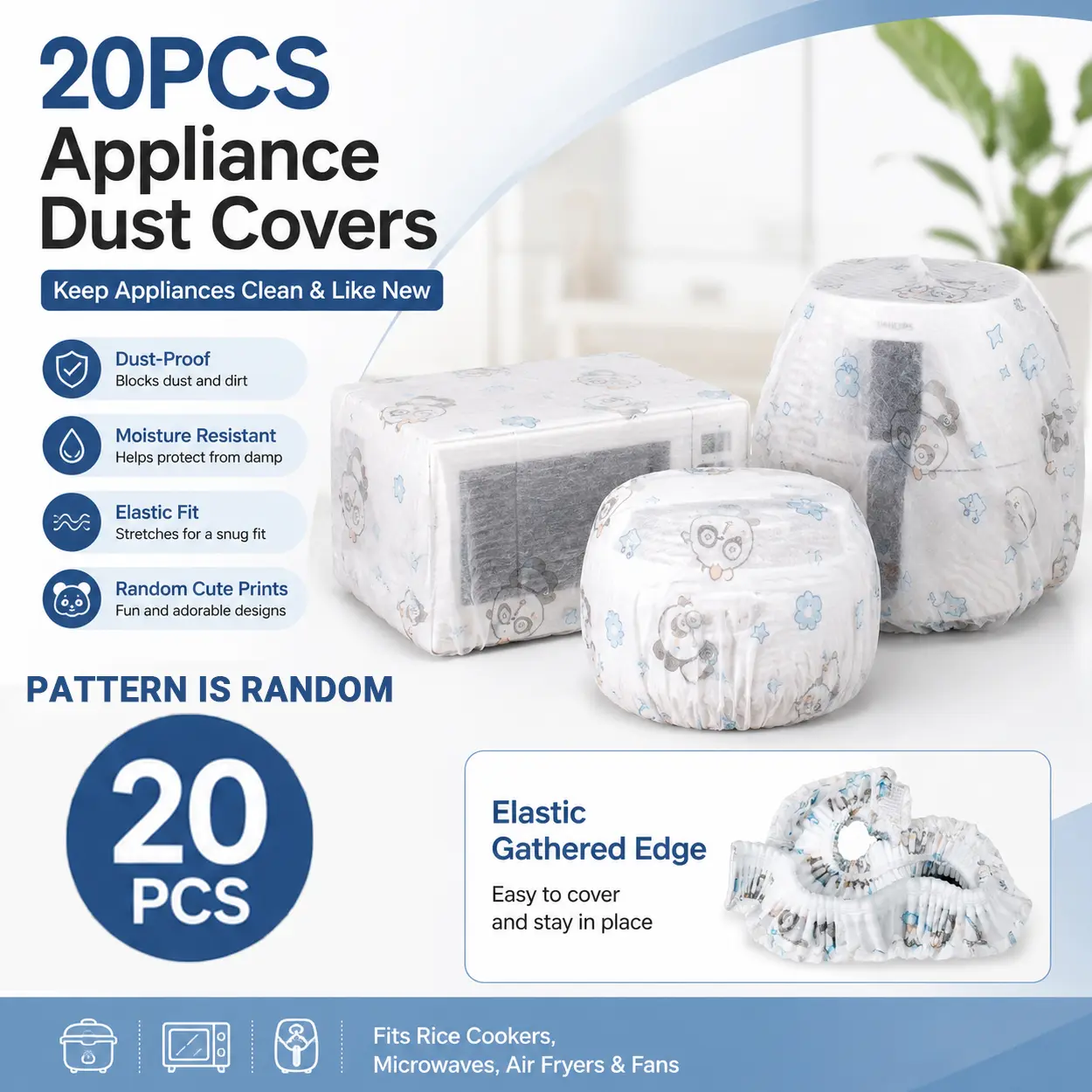 20PCS Kitchen Appliance Covers, Disposable Dustproof Non Woven Covers with Elastic Closure, Cartoon Pattern Protective Sleeves for Rice Cooker, Air Fryer, Microwave Oven, Fan and Other Small Appliances, Oil Resistant Waterproof Design