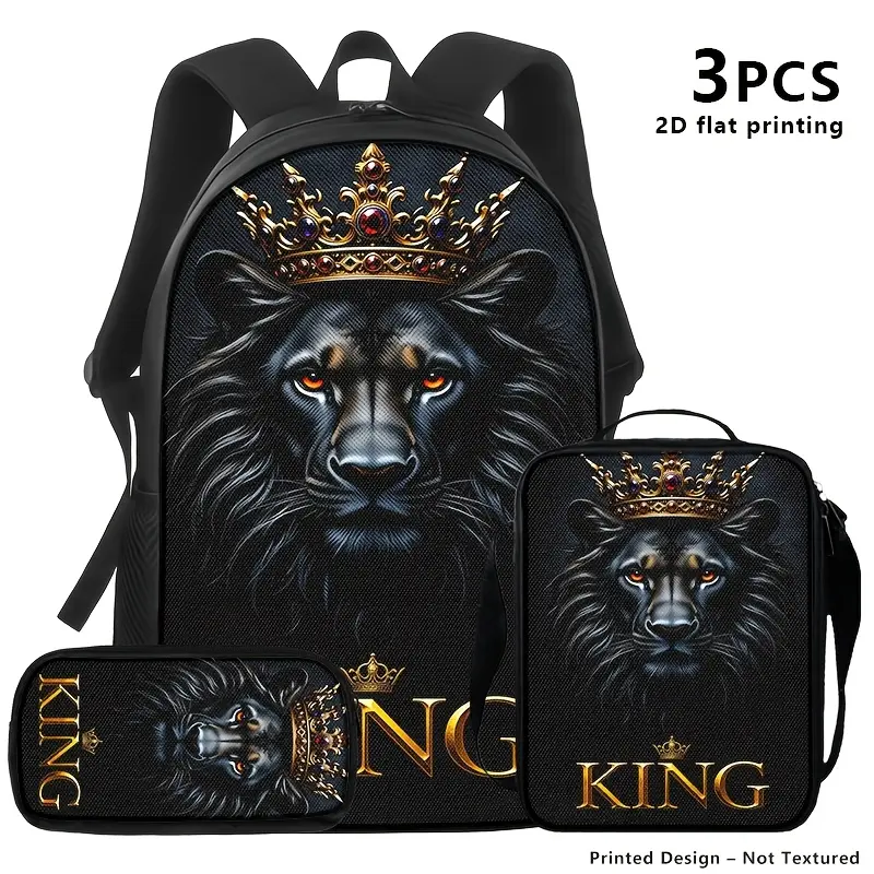 3pcs High-Capacity Oxford Backpack Storage Daypacks - Black Bags with Golden Crown & Lion Prints, Regal Nobility Design, Suitable for Casual, Daily Travel Use