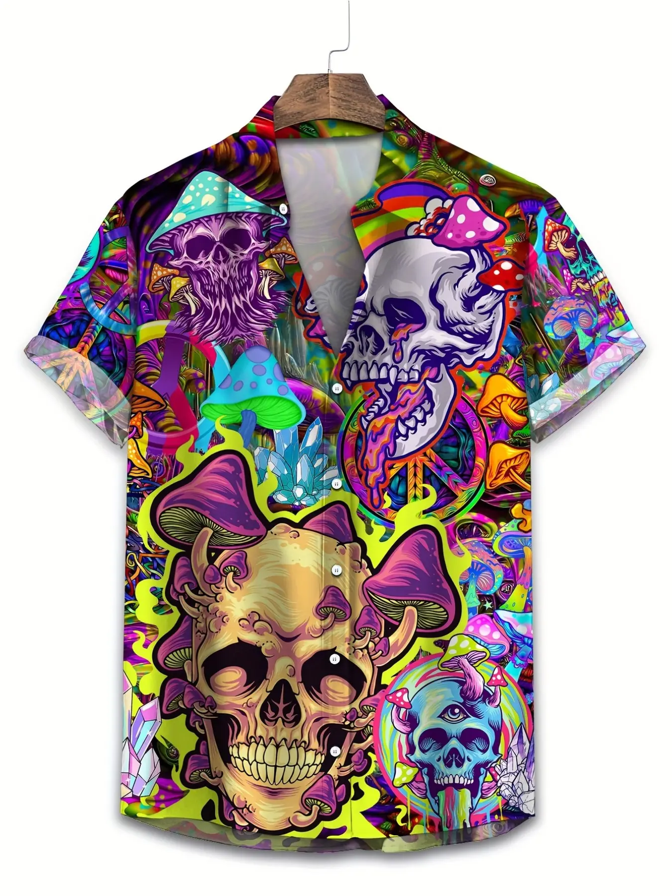 Rainbow Peace Symbol Skull Mushroom Full Print Vacation Shirt, High Saturation Fluorescent Contrast Subculture Loose Thin Casual Shirt