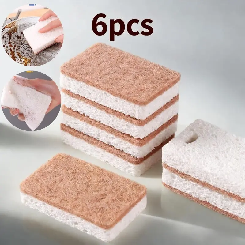 6Pcs Natural Wood Pulp Sponges, Eco Friendly Double-Sided Non-Scratch Cellulose Dish Scrubber, Biodegradable Sisal Scouring Pads for Heavy Duty Cleaning Kitchen Dishes, Pots, Pans, Aesthetic Household Essentials