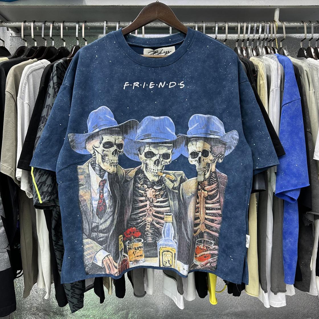 Best Quality Washed Gray Full Rhinestone Bling T-Shirt, Unisex F-Terry Cropped Tee, BKYS Skull Print High Street Hip Hop Rock Retro Y2K Vintage Streetwear, Sparkle Diamond Graphic Casual Short Sleeve Tops for Men Women