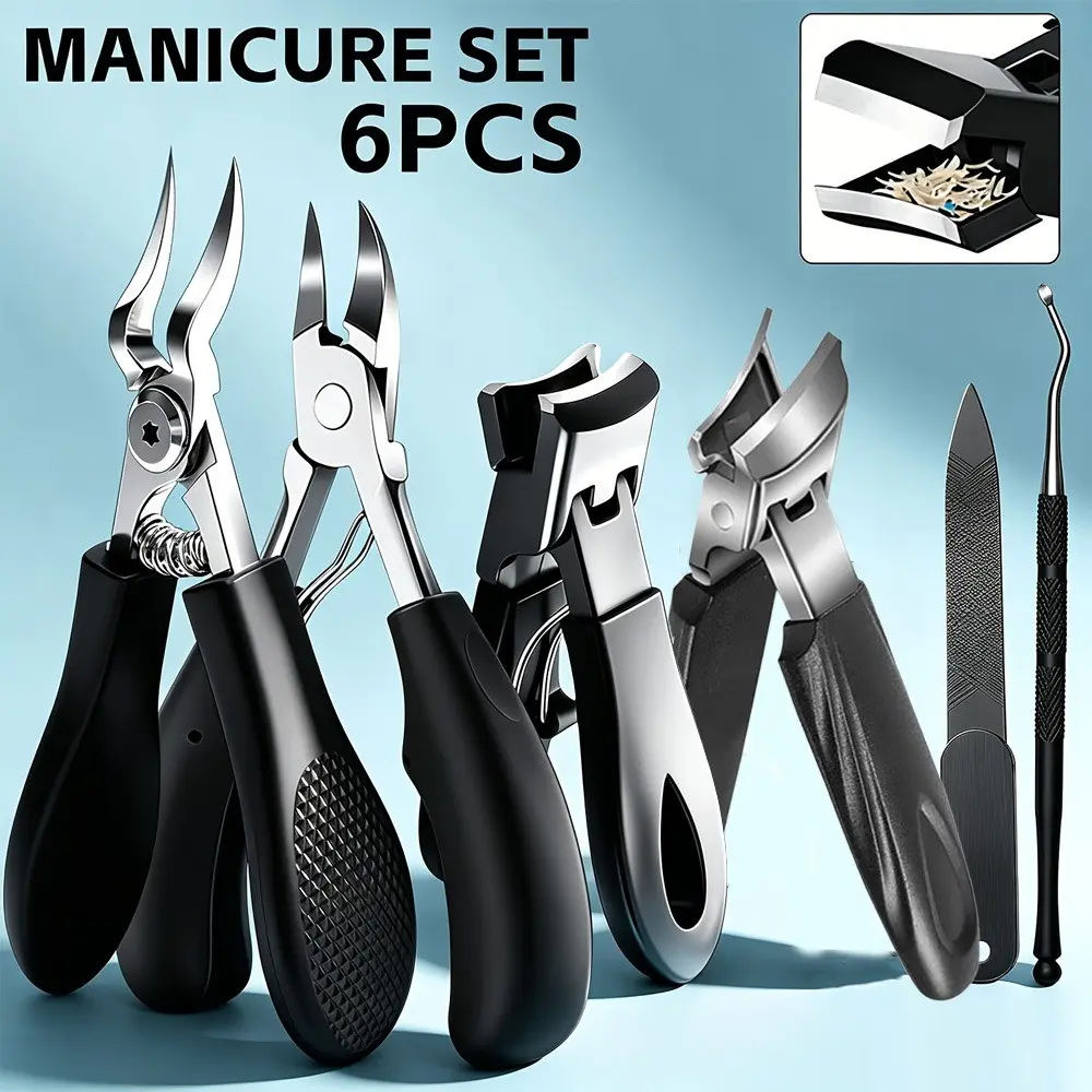 6 Piece Anti-Splash Pedicure Kit, Dual Eagle Beak Ingrown Nail Clippers, Thick Nails Clipper, File, Pusher, Home Foot Care Tools