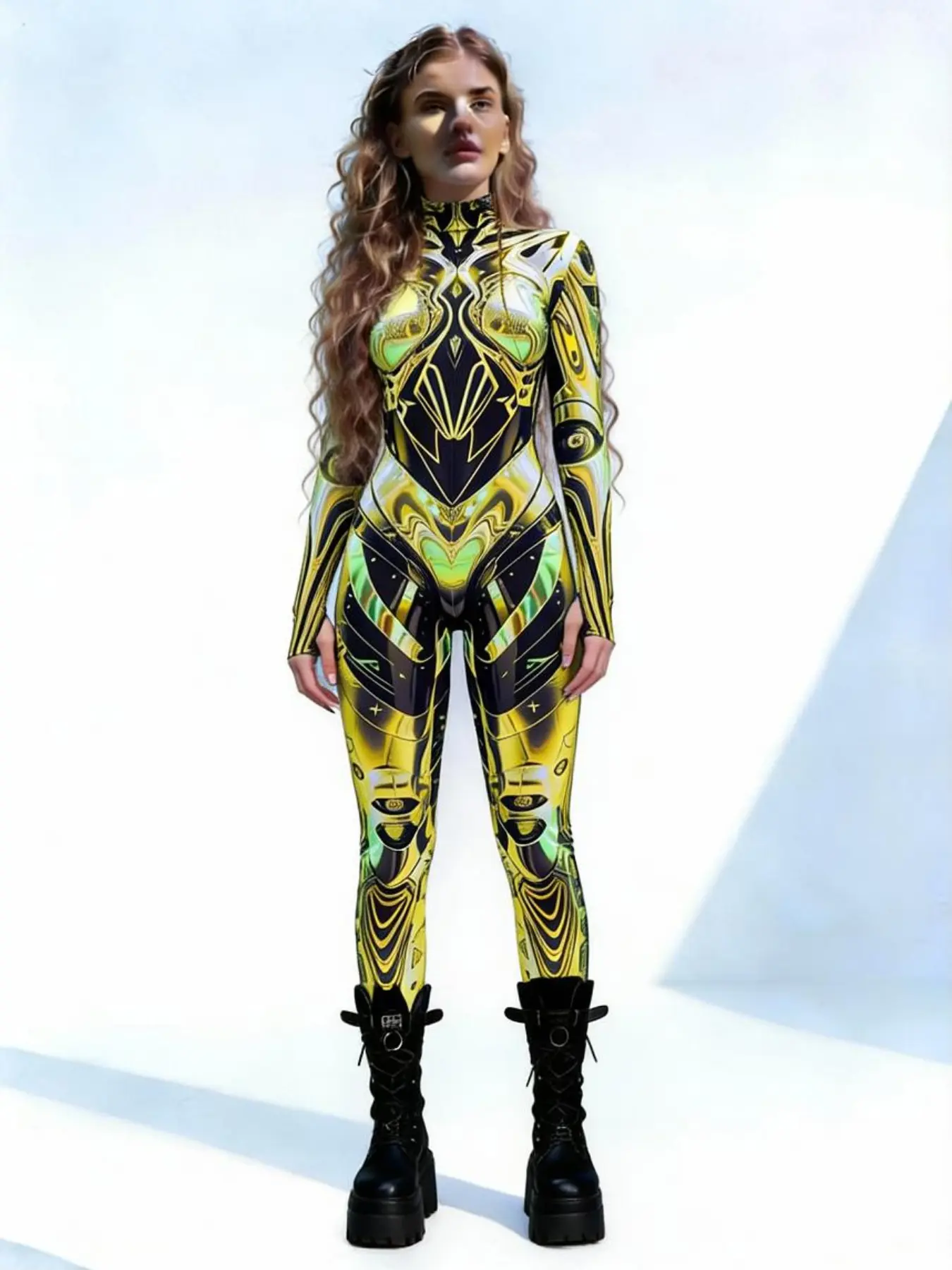Women's Sexy Statement Bodycon Print Bodysuit, Y2K Cyberpunk Style, Gold Sci-Fi Armor, Glow-In-The-Dark Party Dress, Halloween Costume, Festival